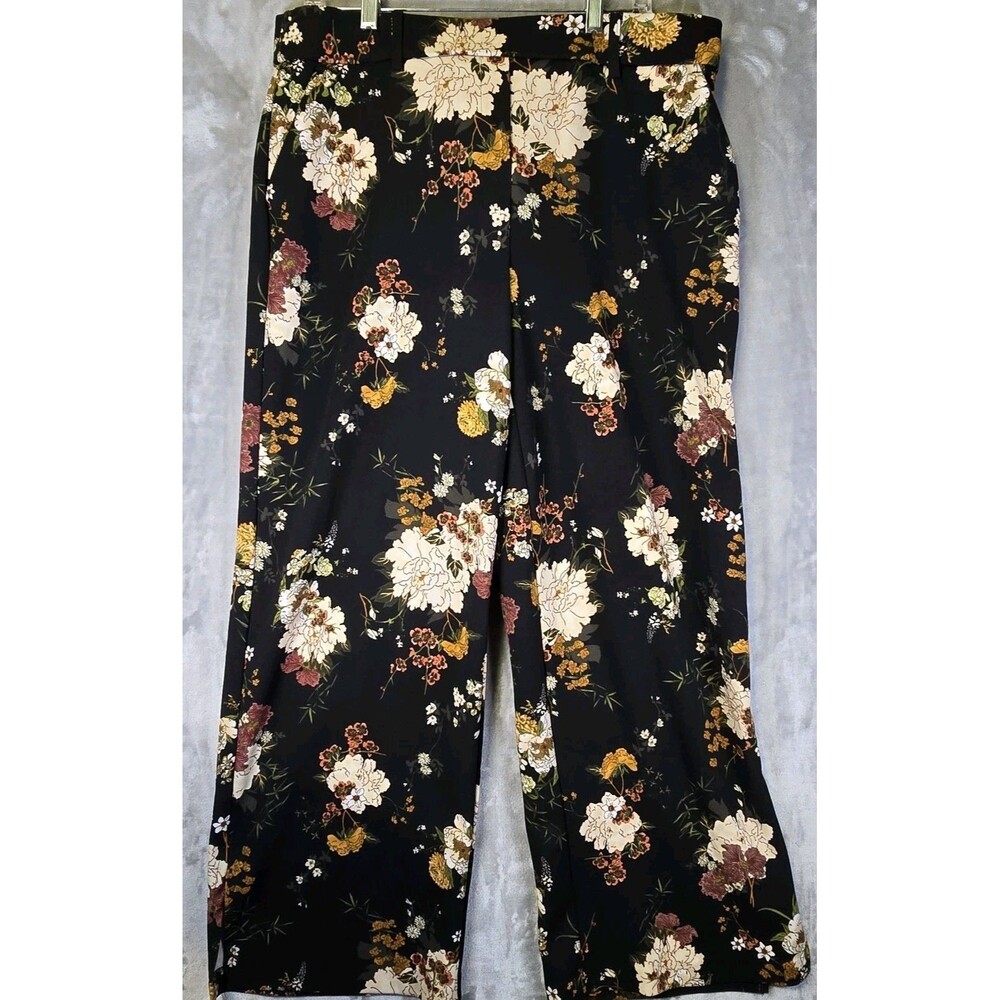 Jules & Leopold Dress Pants Black Floral Womans Large Wideleg Pockets Tie Belt